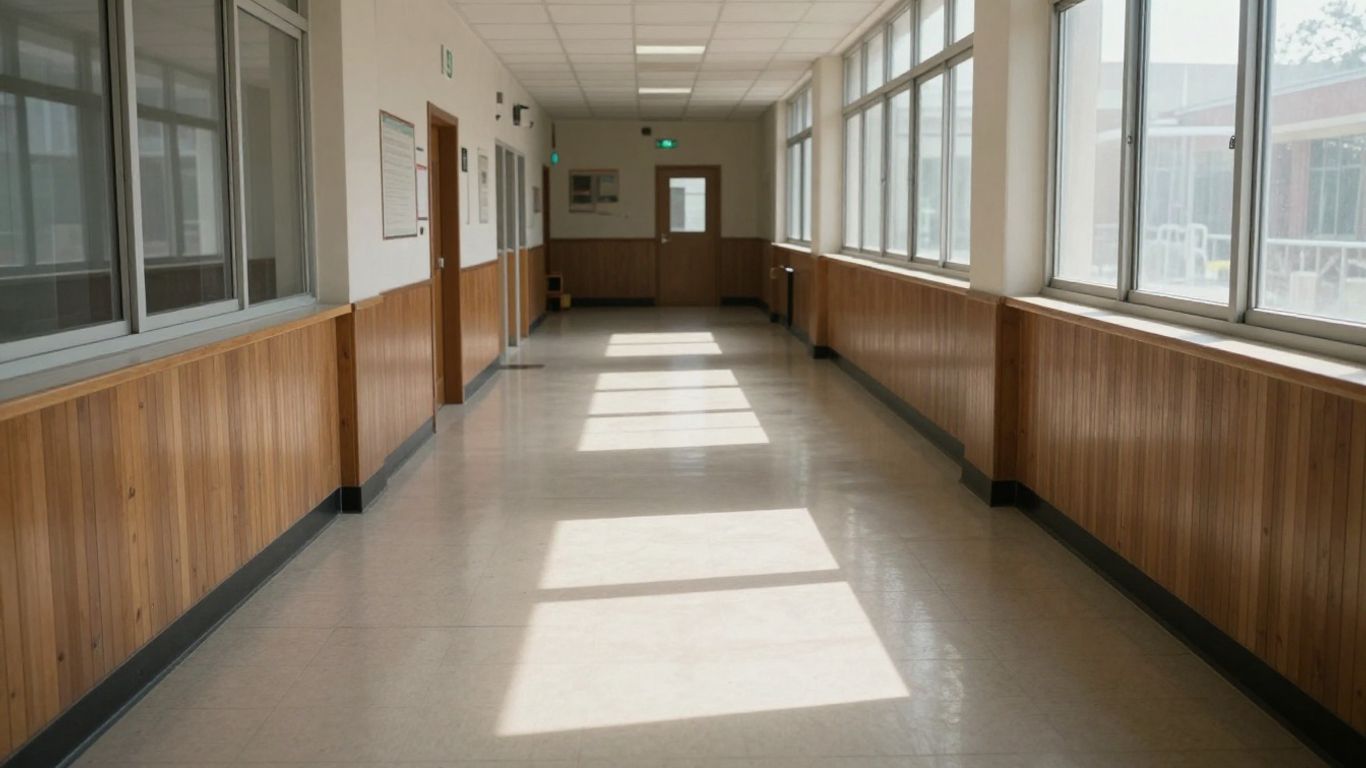 Hamburg NY school hallway, clean and secure.