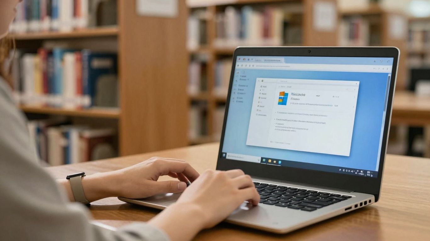Estudiante usando Microsoft Office en biblioteca.