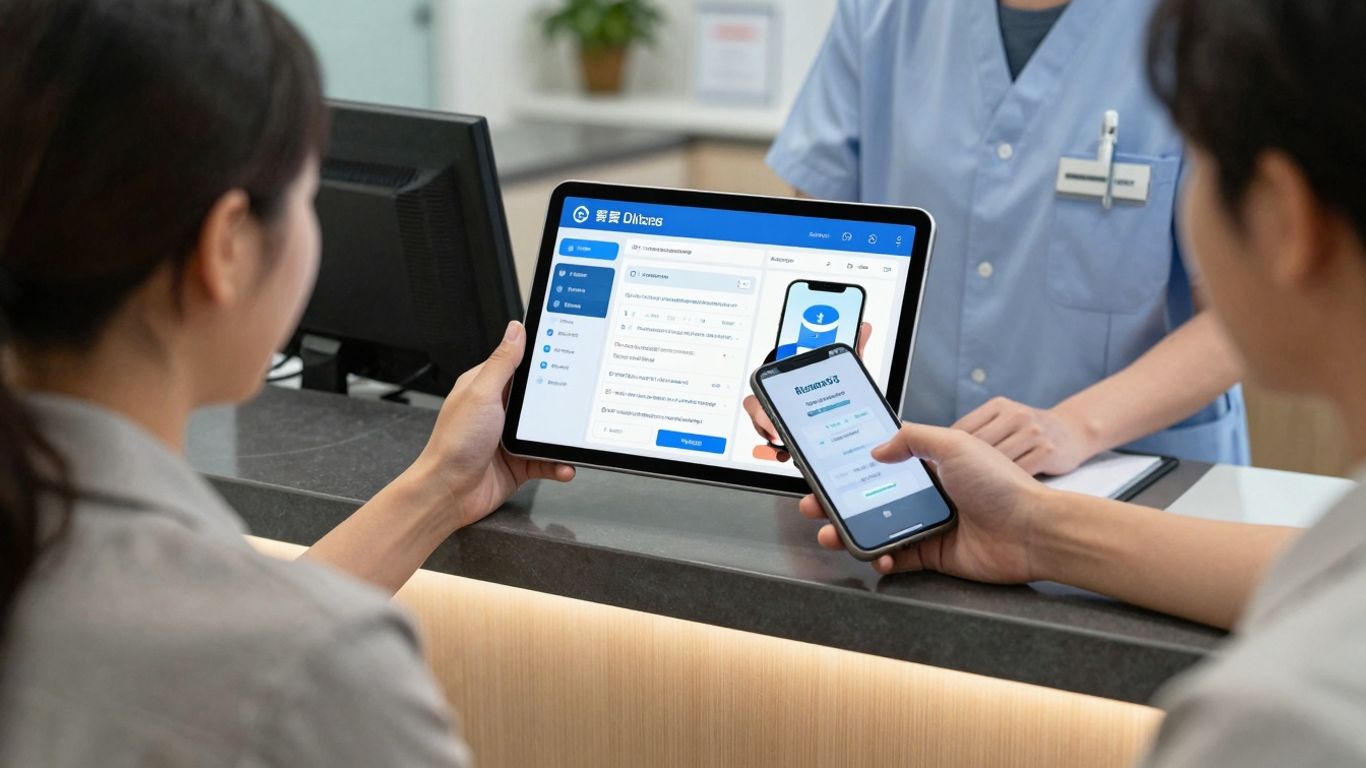 Clinic reception with patient using mobile phone.
