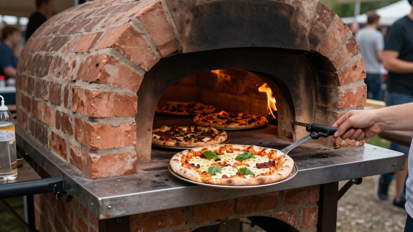 Mobile brick oven pizza being served outdoors.