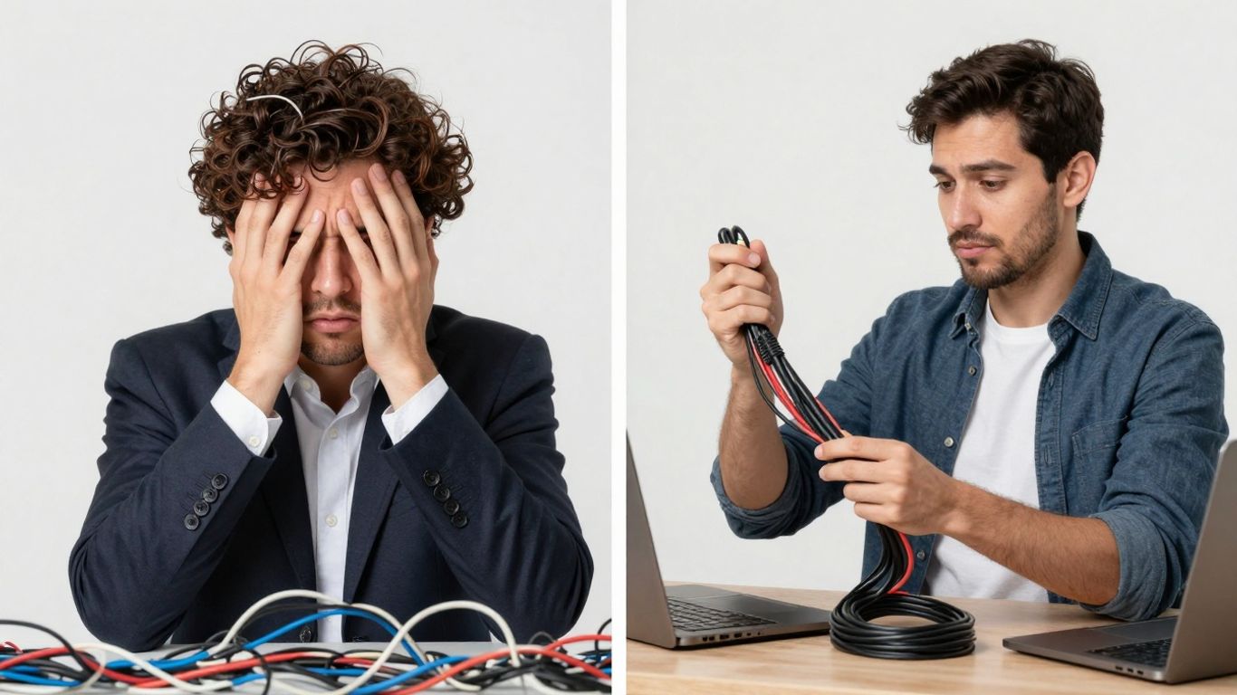 Person organizing tangled computer cables into neat bundles.