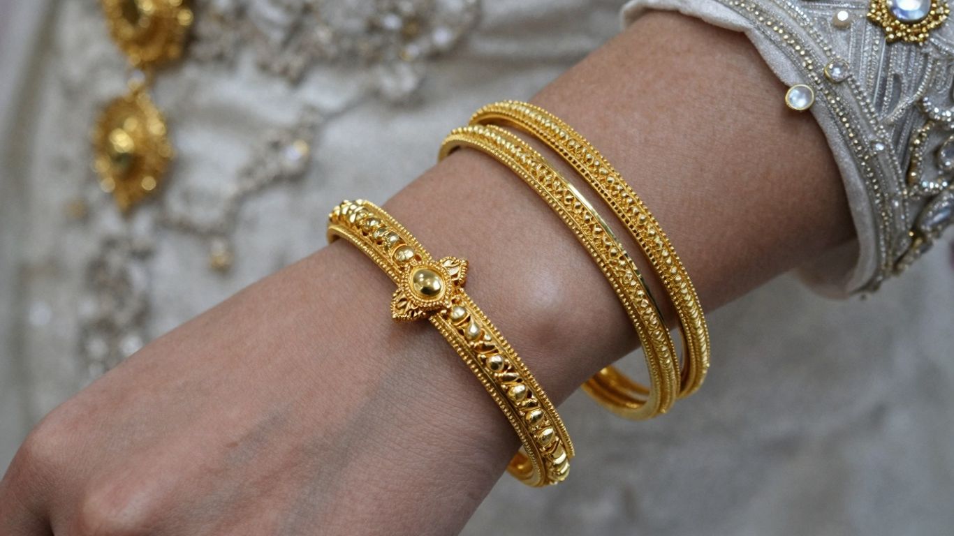 Bride's wrist with gold bangles and bracelets