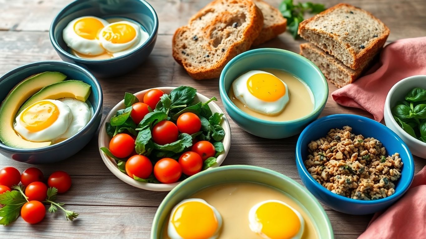 Healthy egg breakfast bowls with avocado and vegetables