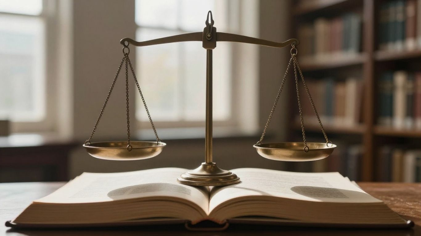 Balanced scale over an open law book.