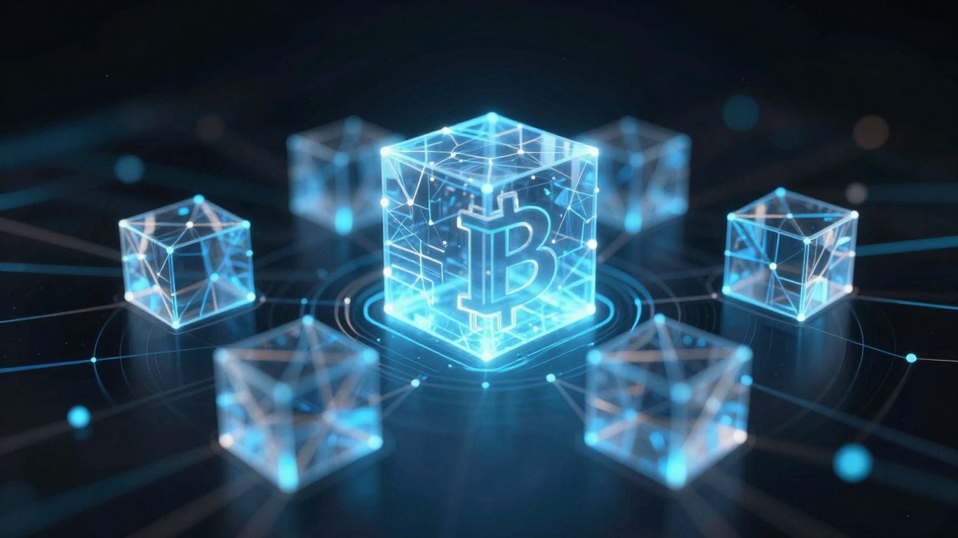 Blockchain network with glowing interconnected digital blocks.