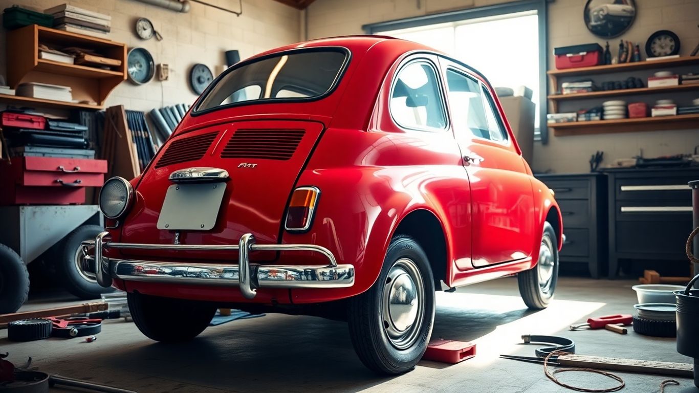 Restored vintage Fiat 500 in a workshop.