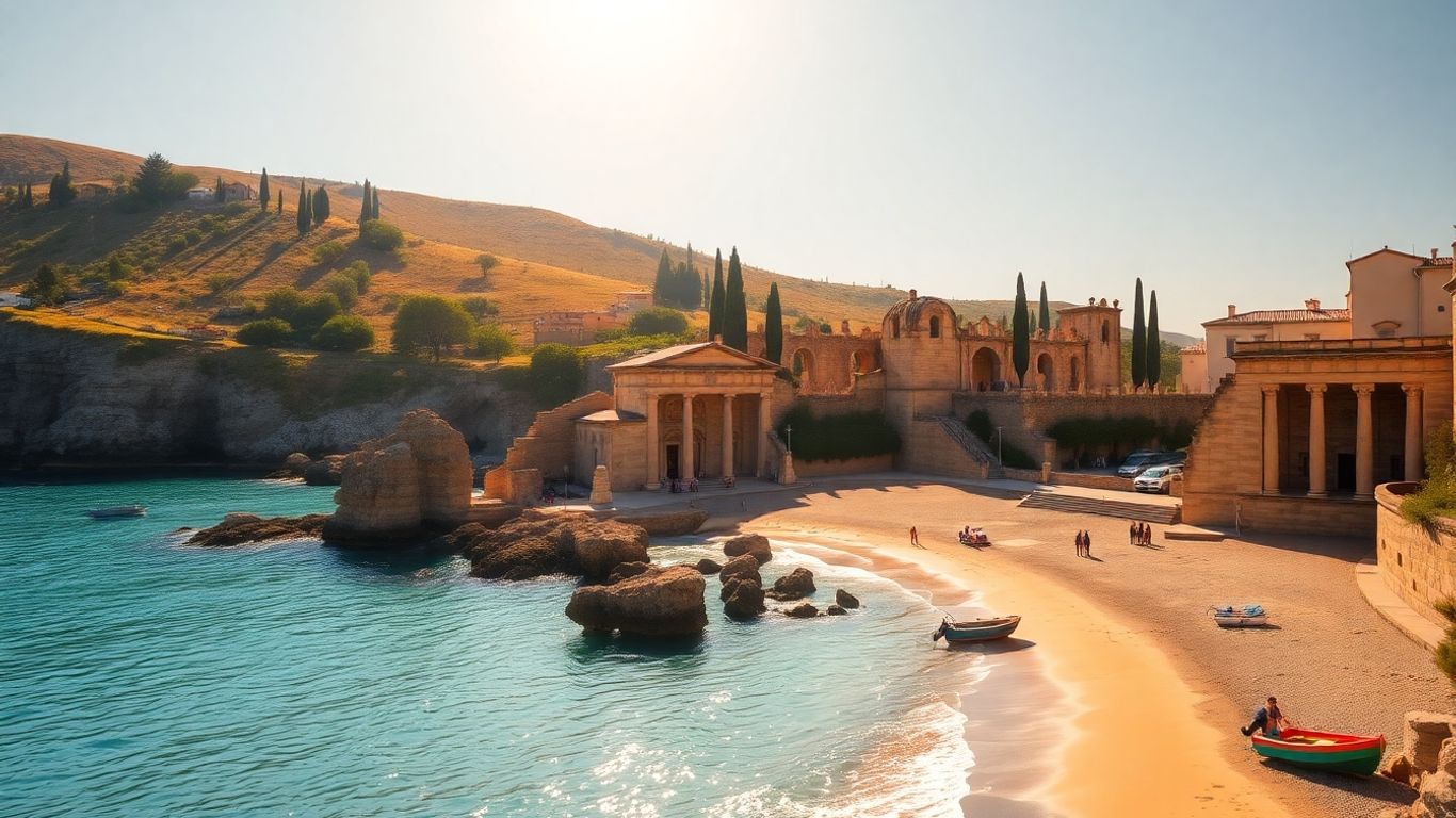 Warm Italian coast with ancient ruins and turquoise water.