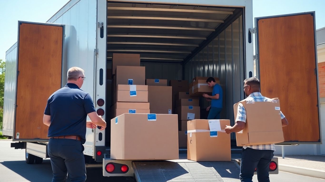 Moving truck being loaded with boxes and furniture.