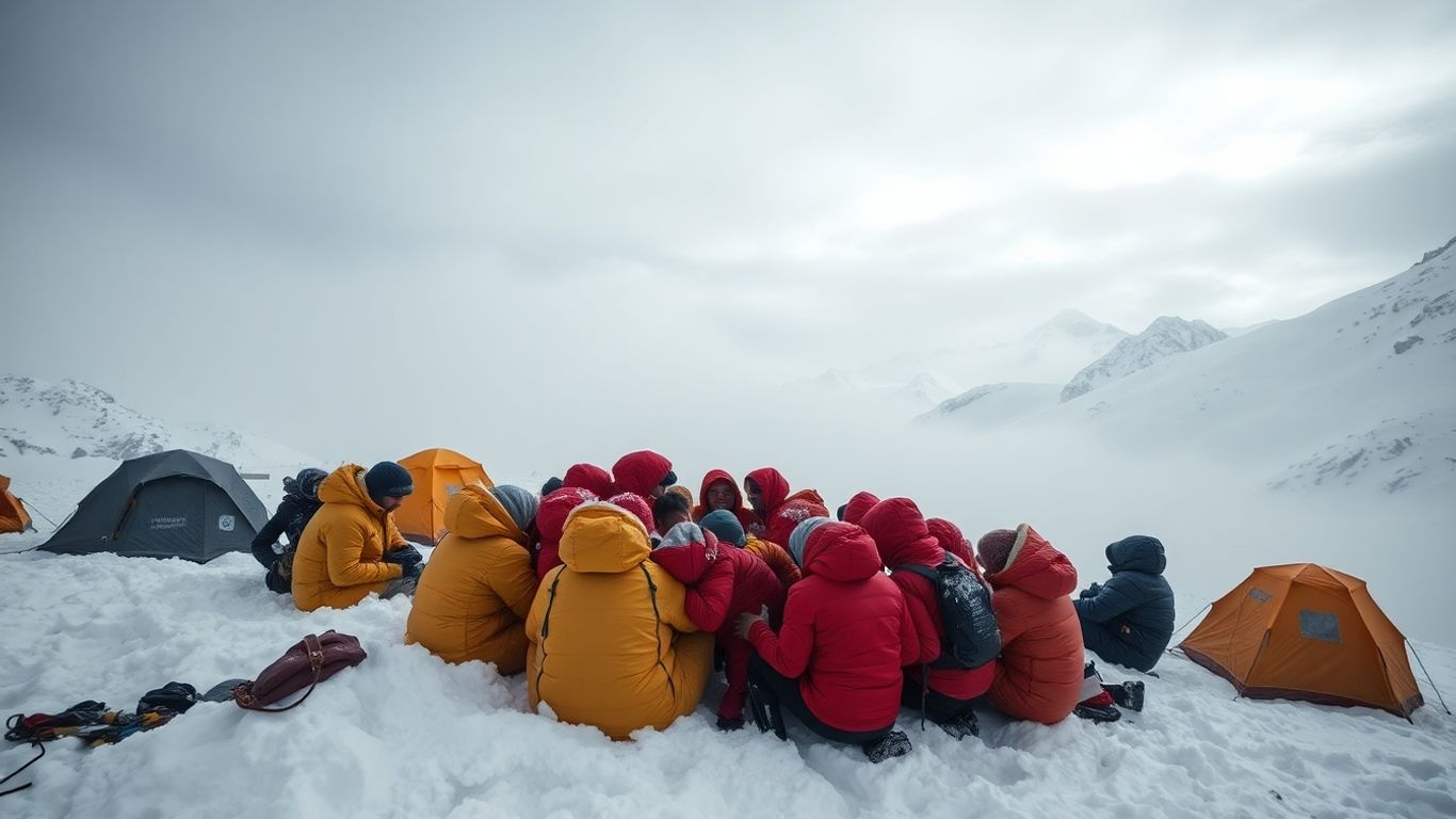 Randonneurs bloqués sous la neige à l’Everest, altitude élevée.