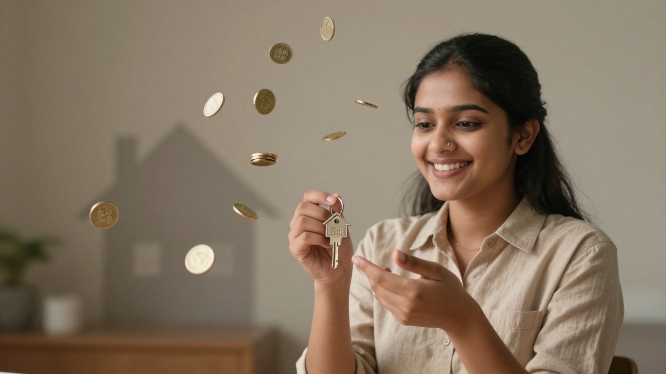 Llave de casa con monedas flotando alrededor.