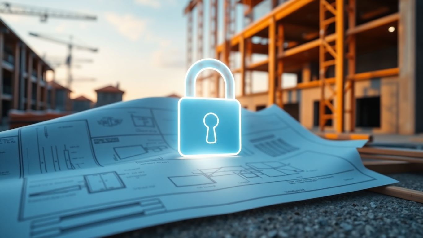 Construction site with digital lock protecting blueprint.