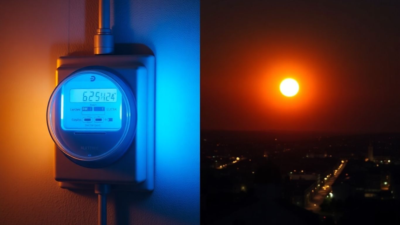 Compteur électrique la nuit et lever de soleil sur la ville.