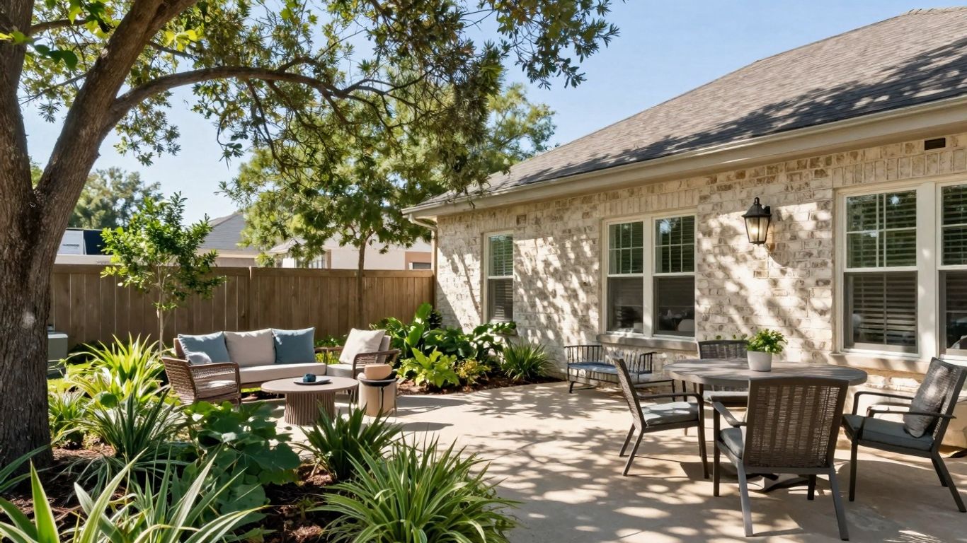 Shaded patio with plants and seating in Spring Branch.