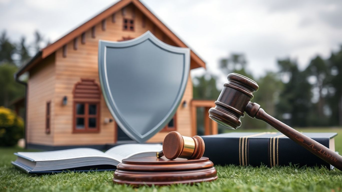 Casa protegida con escudo y martillo de juez.