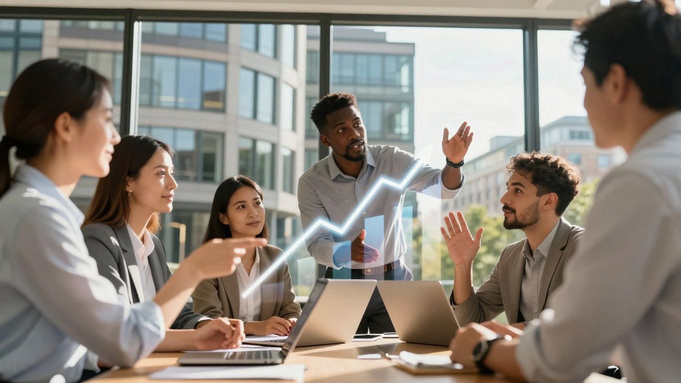 Glasgow cityscape with professionals discussing business growth.