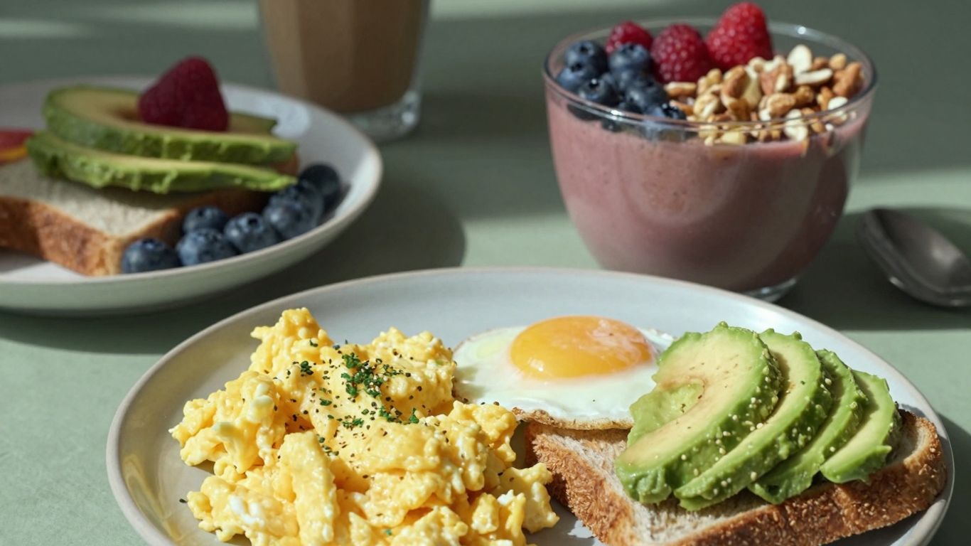 High-protein breakfast meals with eggs, avocado, and fruit.