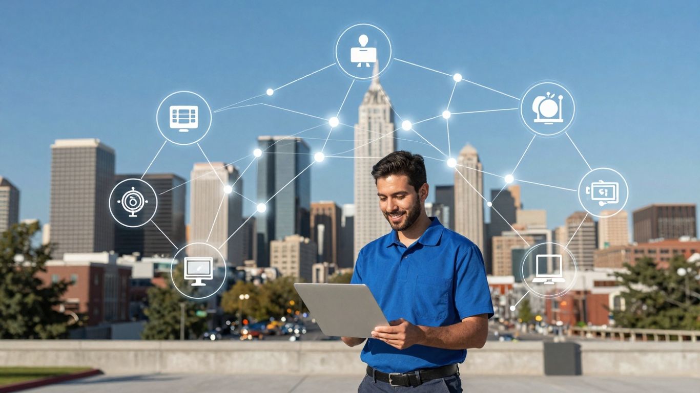 Denver IT support infographic with cityscape and tech icons.