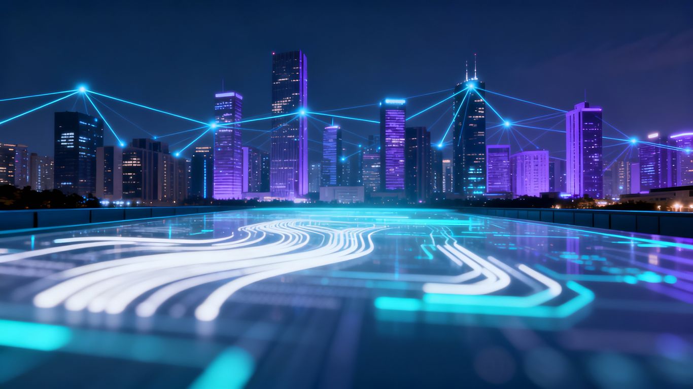 Futuristic cityscape with glowing connection lines and holographic interface.
