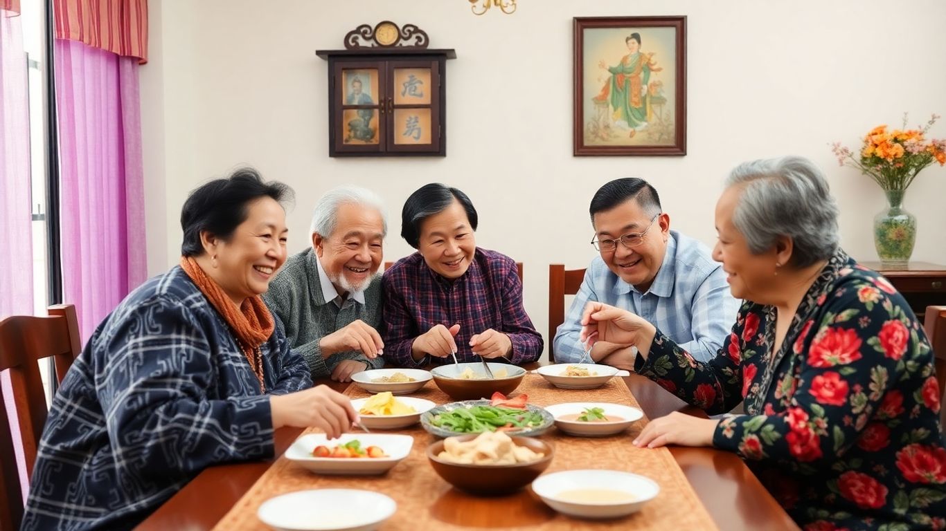 Hong Kong family sharing a meal, elders and younger members interacting.