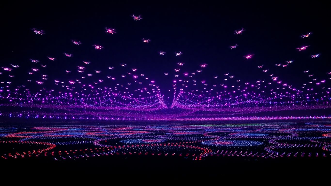 Drones create colorful light patterns in the night sky.