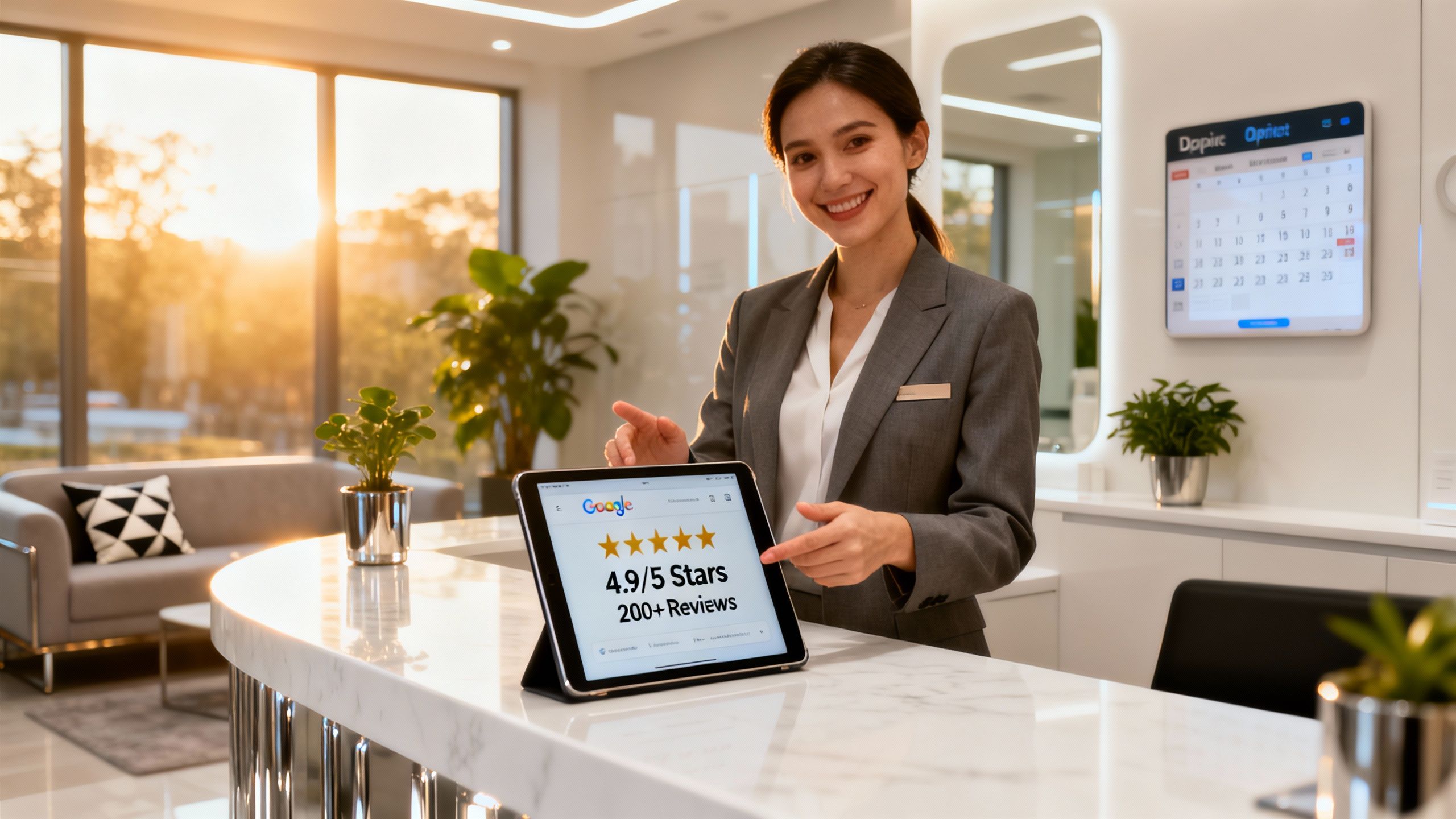 Aesthetics clinic reception with staff member showing Google reviews on a tablet.