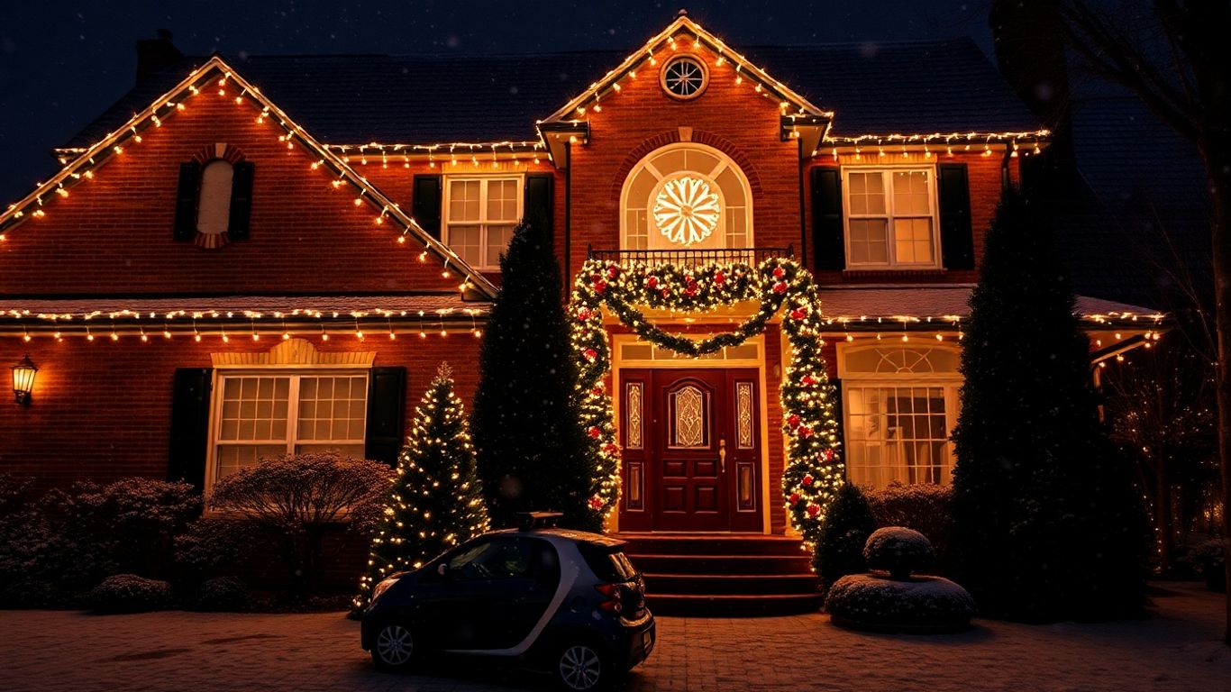 House with permanent Christmas lights glowing brightly.