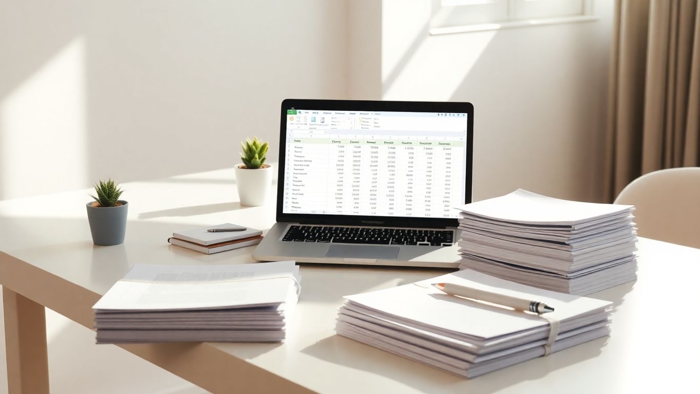 Budgeting worksheet on a laptop with pen and papers.