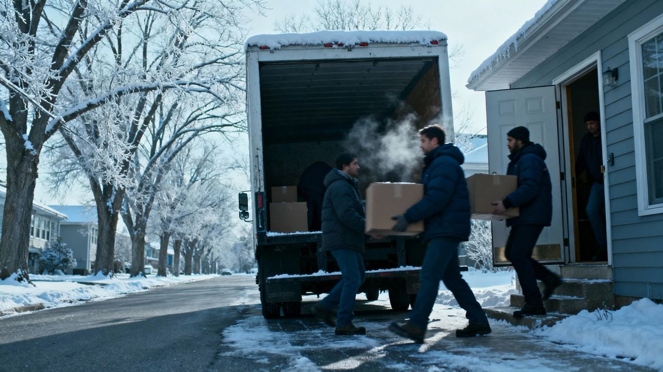 Moving truck on snowy street, movers carrying boxes into house.