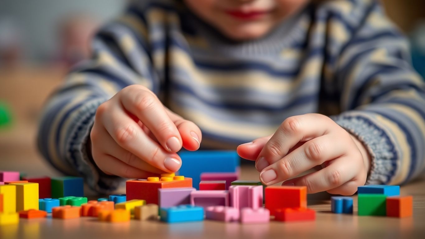 Child's hands using blocks and small objects for fine motor skill development.