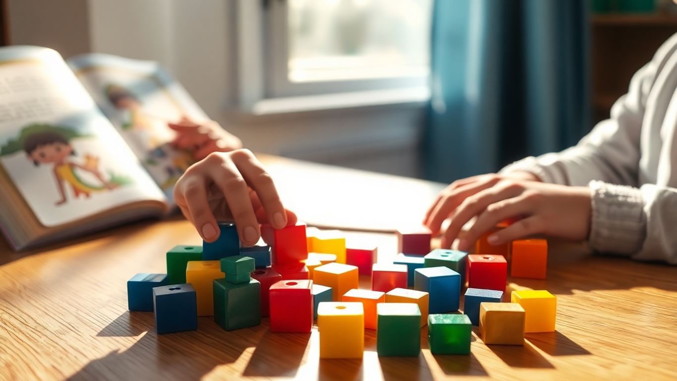 Child learning at home with books and blocks.