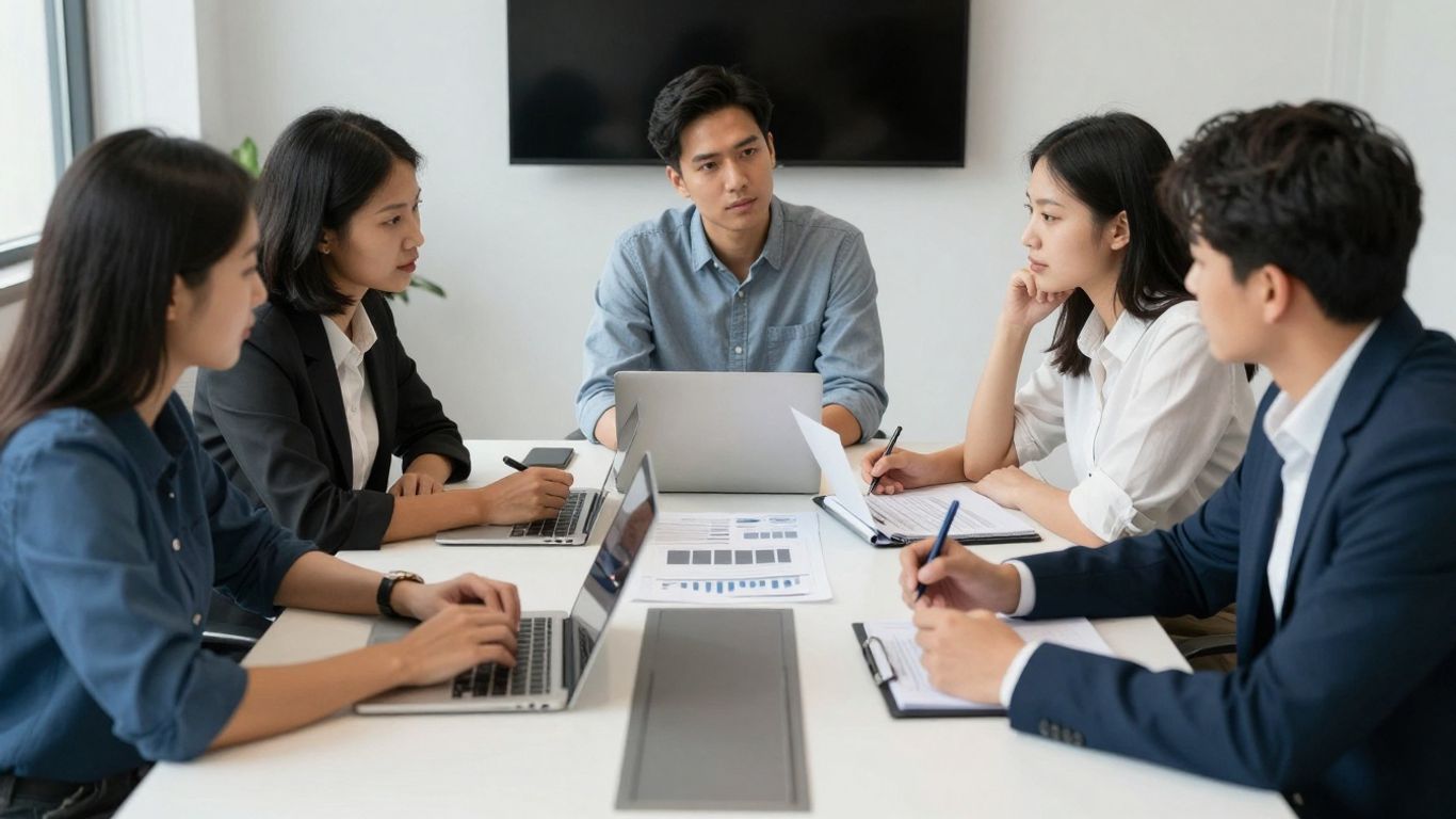 Team bespricht Marketing-Projekt am Tisch.