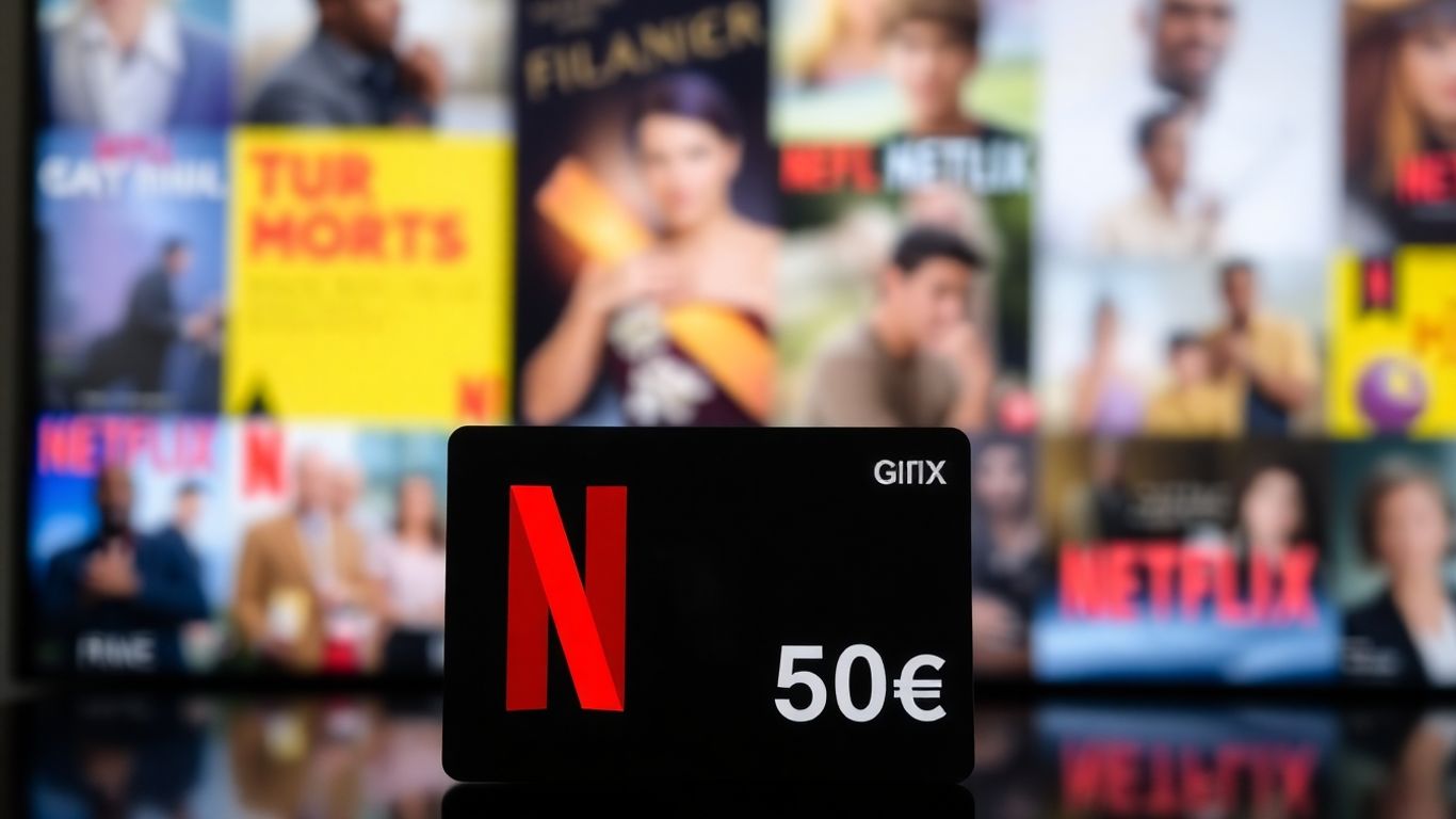 Cartão Netflix de 50€ com logo e pôsteres de filmes.