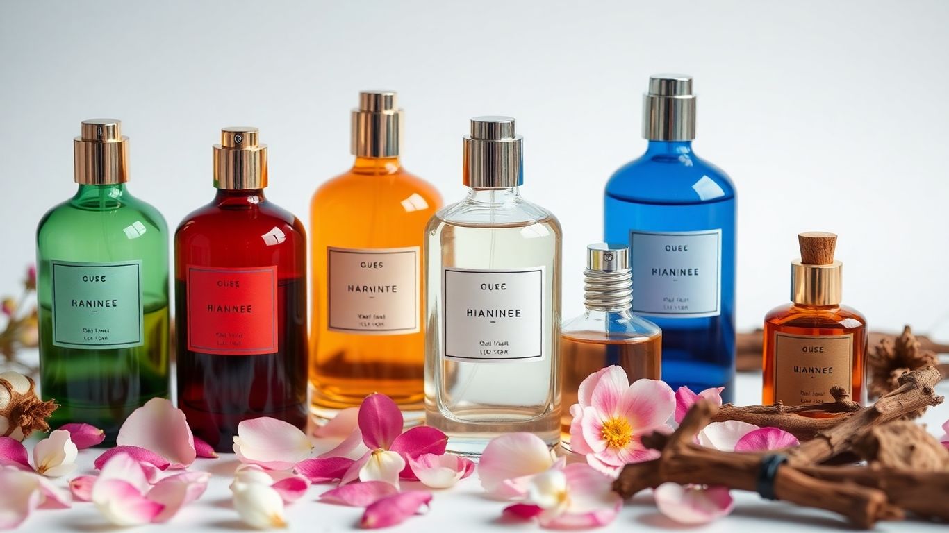 Perfume bottles with floral and woody elements.