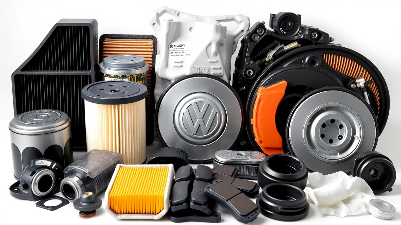 Genuine VW Touareg parts laid out for display.