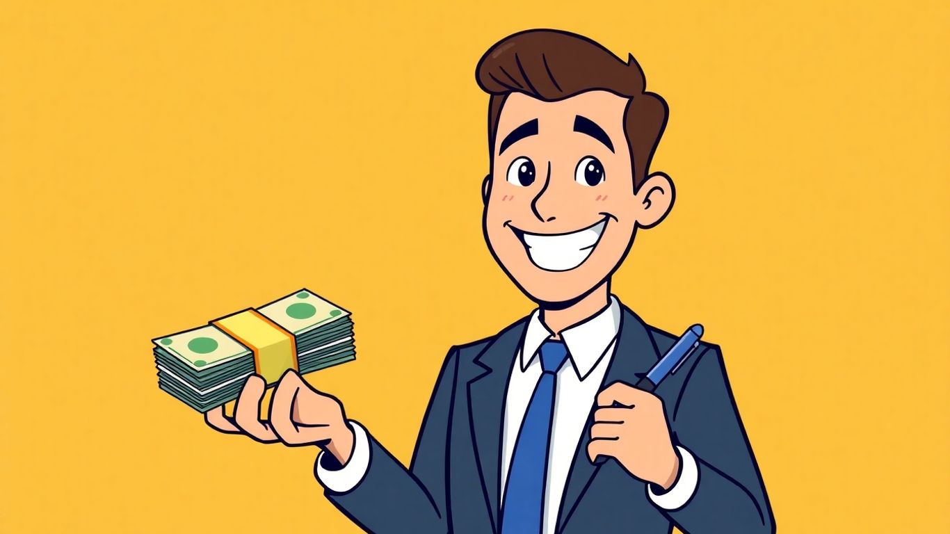 Notary public holding cash and pen, cartoon style.