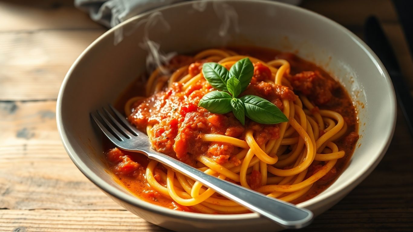 Single serving pasta dish with tomato sauce and basil.