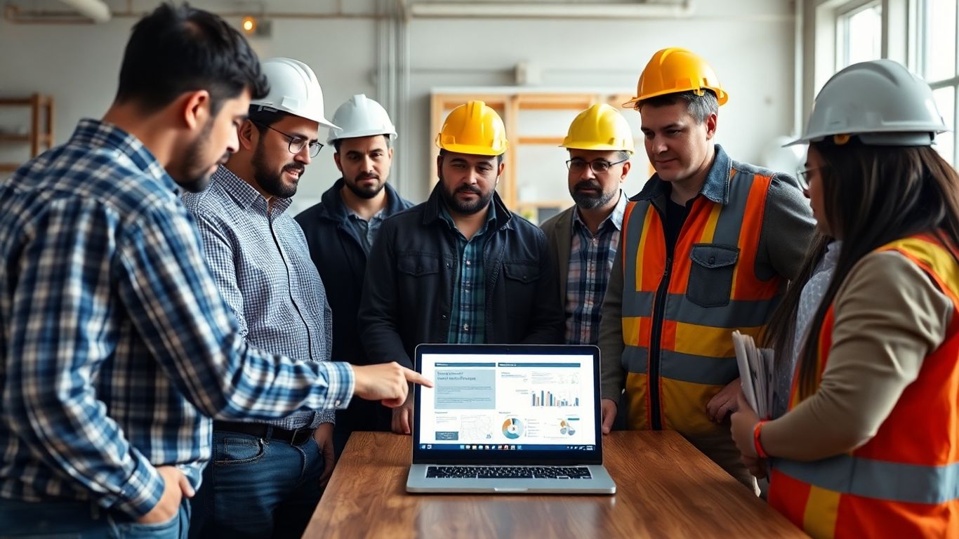 Construction team discussing digital security on a laptop.