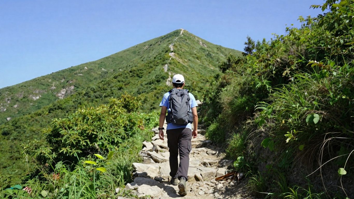 Person erreicht Gipfel auf Bergpfad