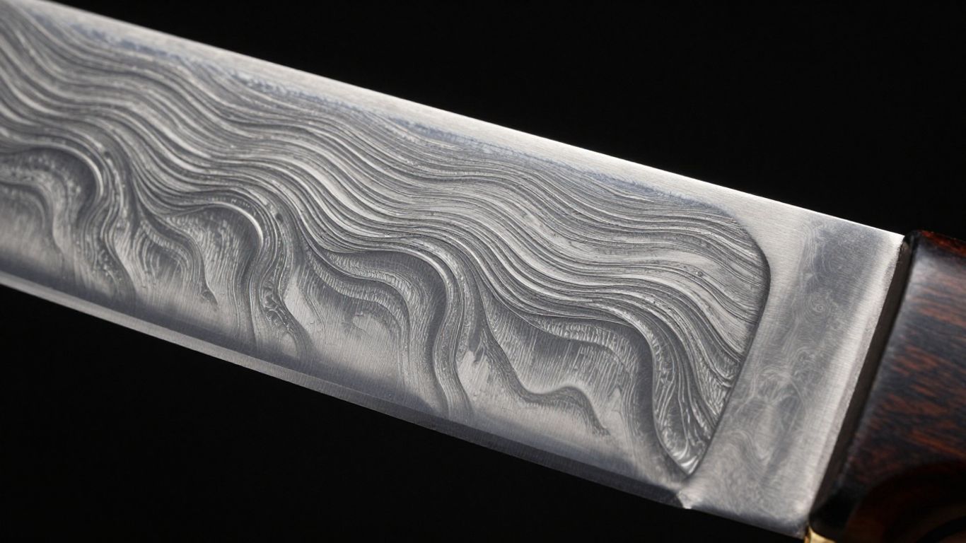 Close-up of a premium Damascus steel knife blade.
