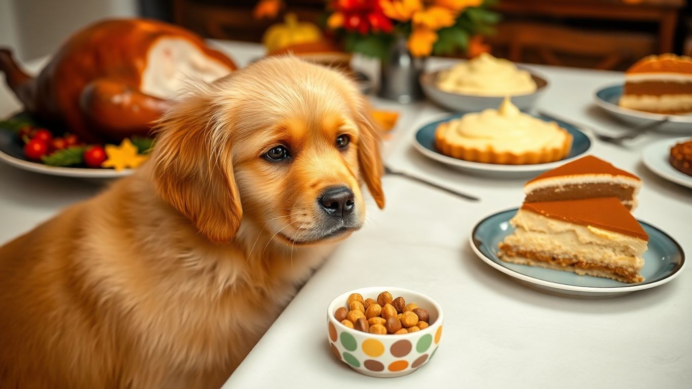 Dog looking at Thanksgiving food, with safe treats nearby.