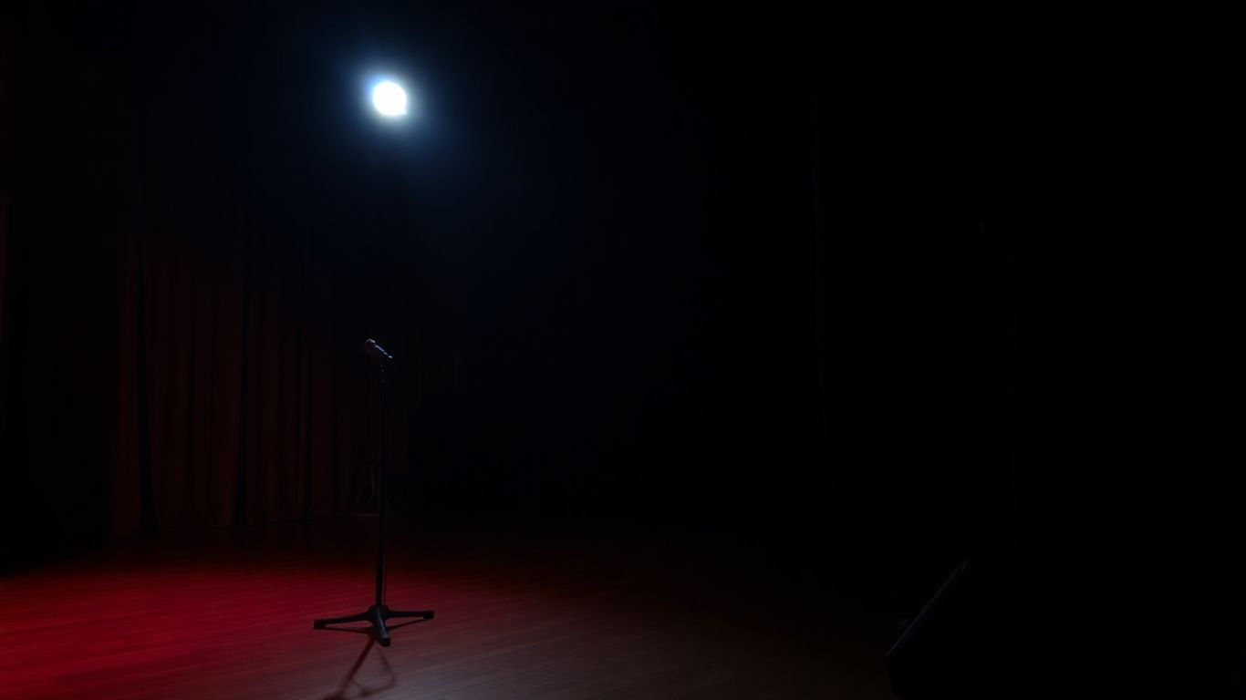 Empty comedy club stage with spotlight.