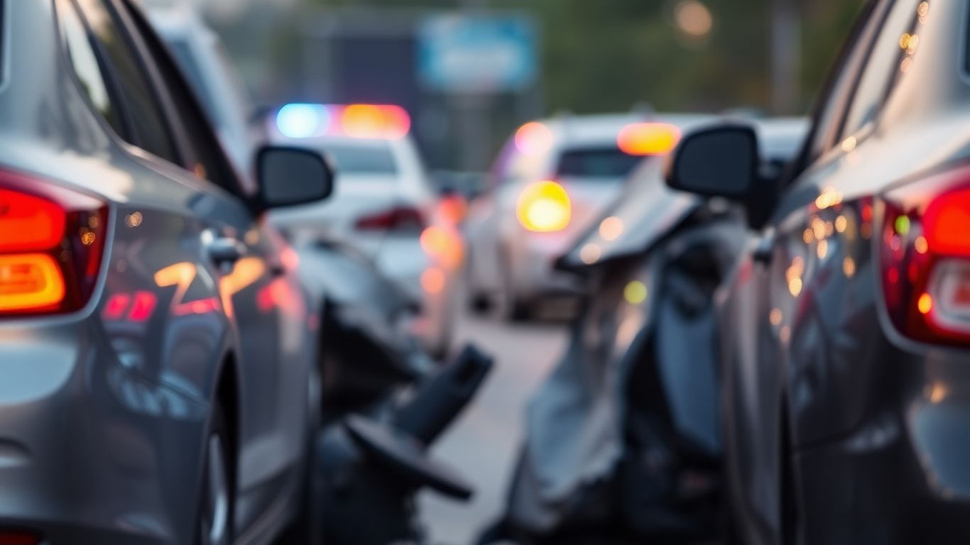Car accident scene with damaged vehicles.