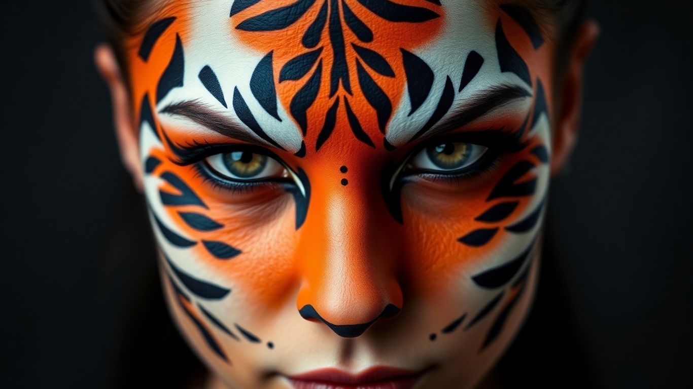 Woman with fierce tiger makeup and black stripes.