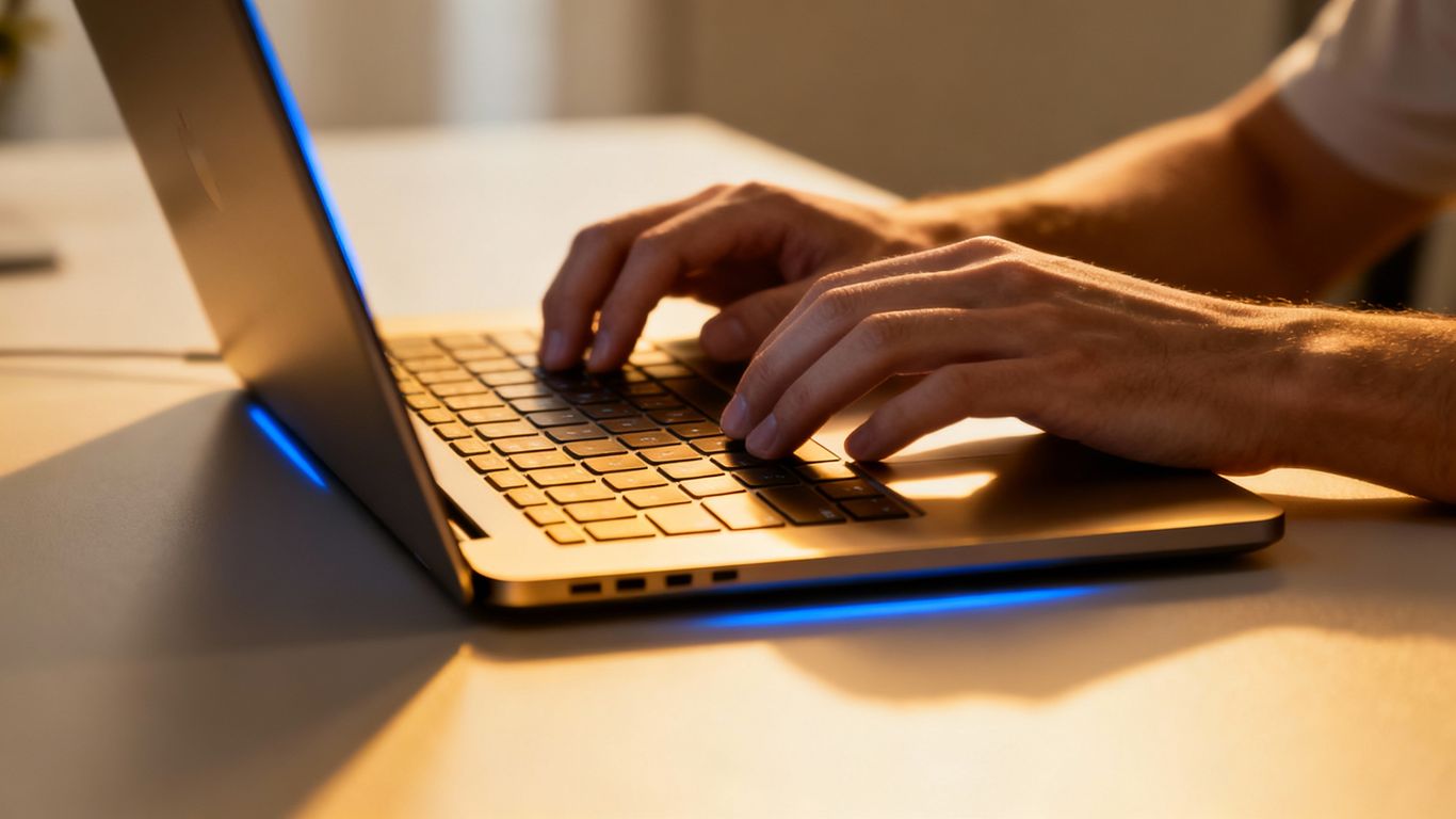 Person typing on a laptop, LinkedIn post creation.