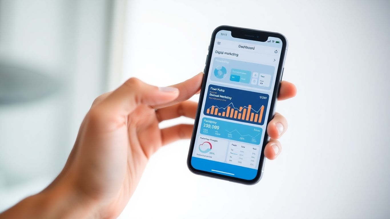 Marketing dashboard on a smartphone screen.