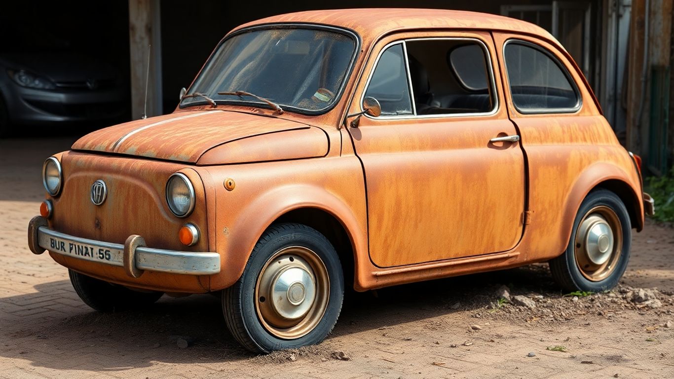 Rusted Fiat 500 in disrepair