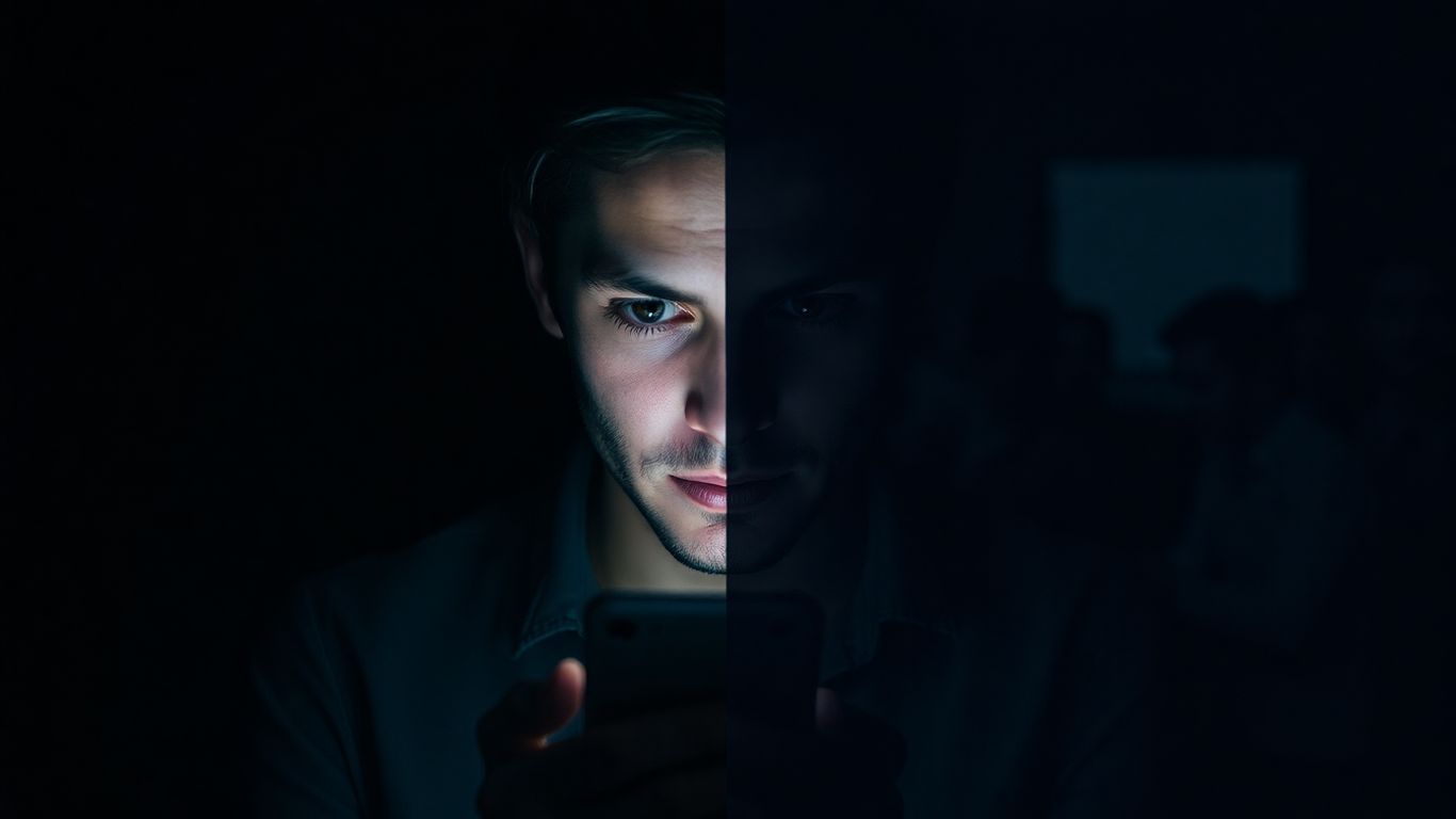 People divided by glowing smartphone screens.