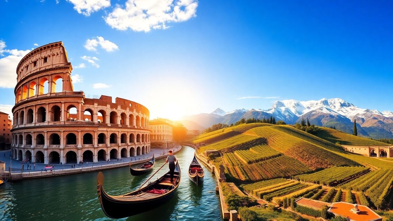 Iconic Italian landmarks and landscapes in a vibrant collage.