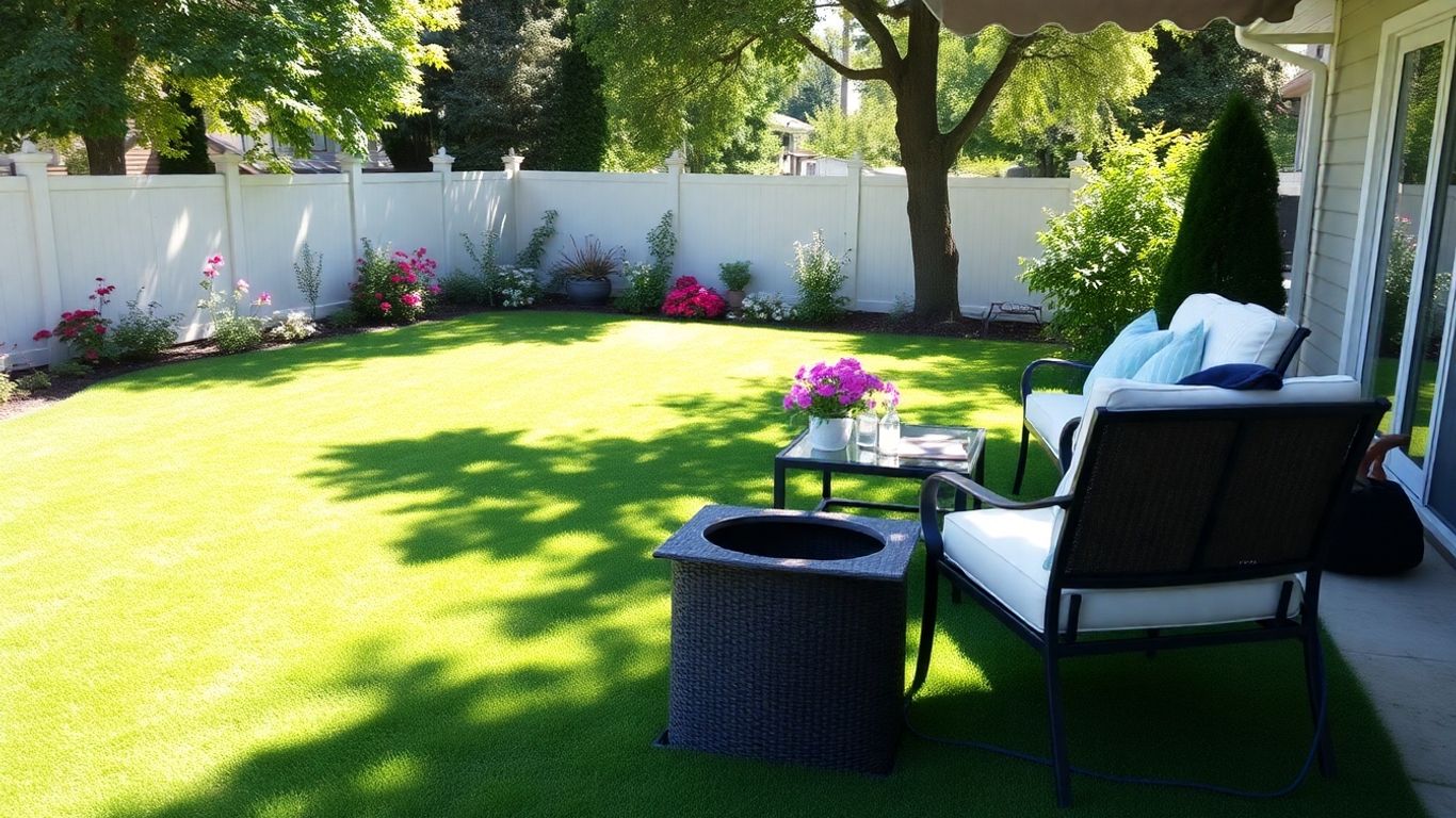 Clean backyard with furniture and flowers.