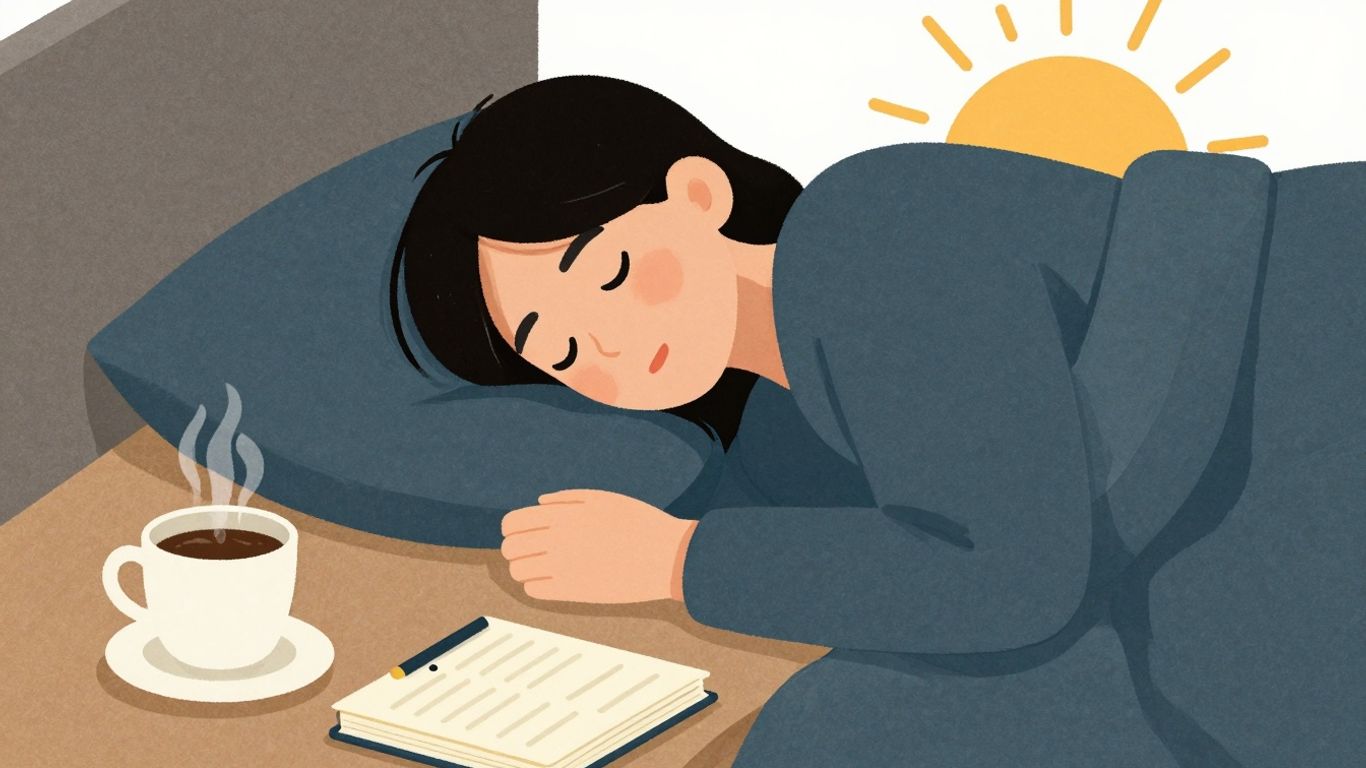 Homem acordando cedo com sol e café.